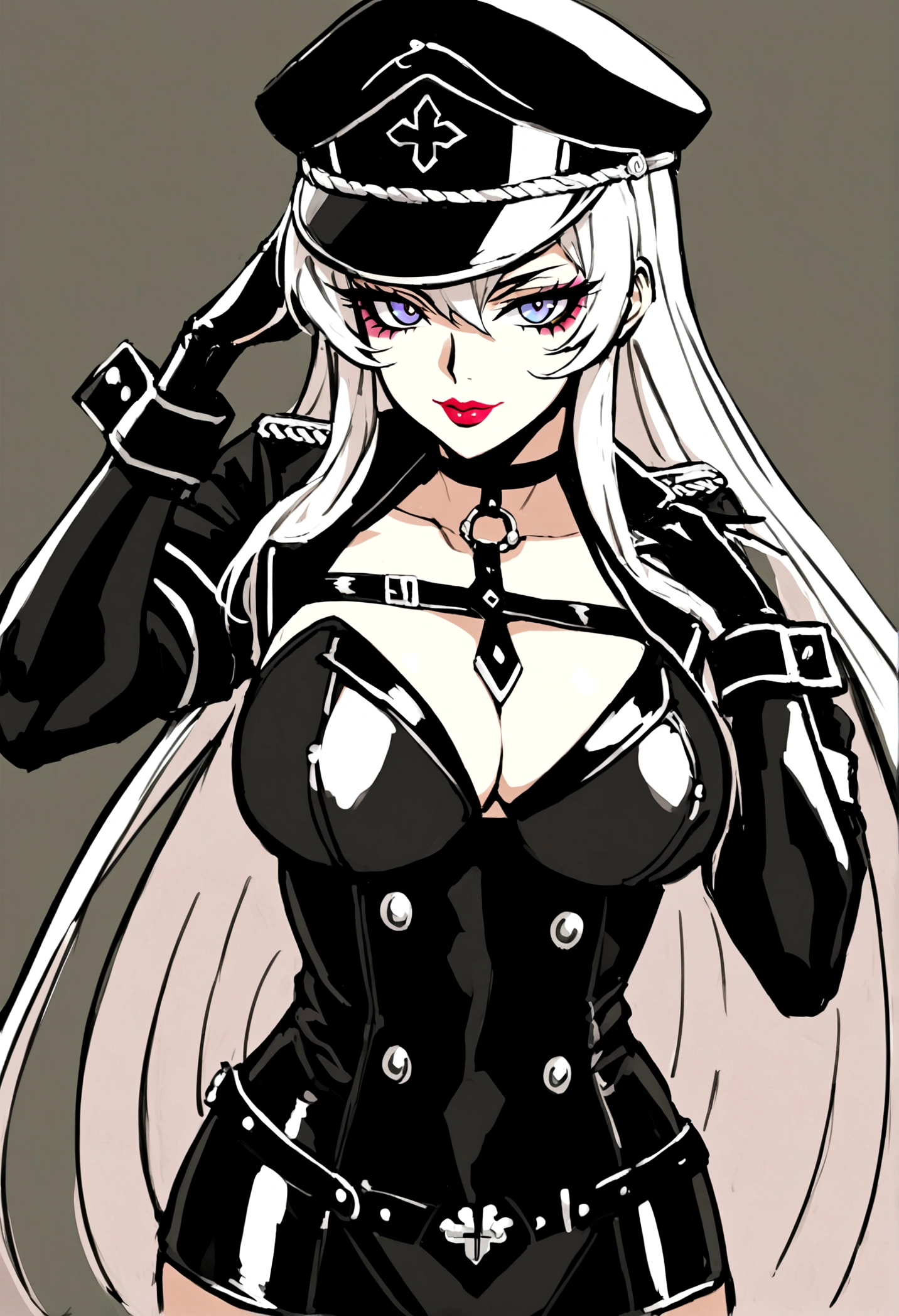 Create an image of the most stunningly beautifully WWII German SS elite esdeath, Stunningly gorgeous beautiful perfect face, long luscious eyelashes, black eyeliner, perfect makeup, lipstick, vibrant sapphire eyes, perfect smooth skin, long platinum blonde hair, perfect hour glass body figure, dominatrix lingerie, seductive pose, WWII German SS Elite Officer HAT Officer Army leather Visor Crusher Cap Black, black leather German SS elite Officer trench coat,