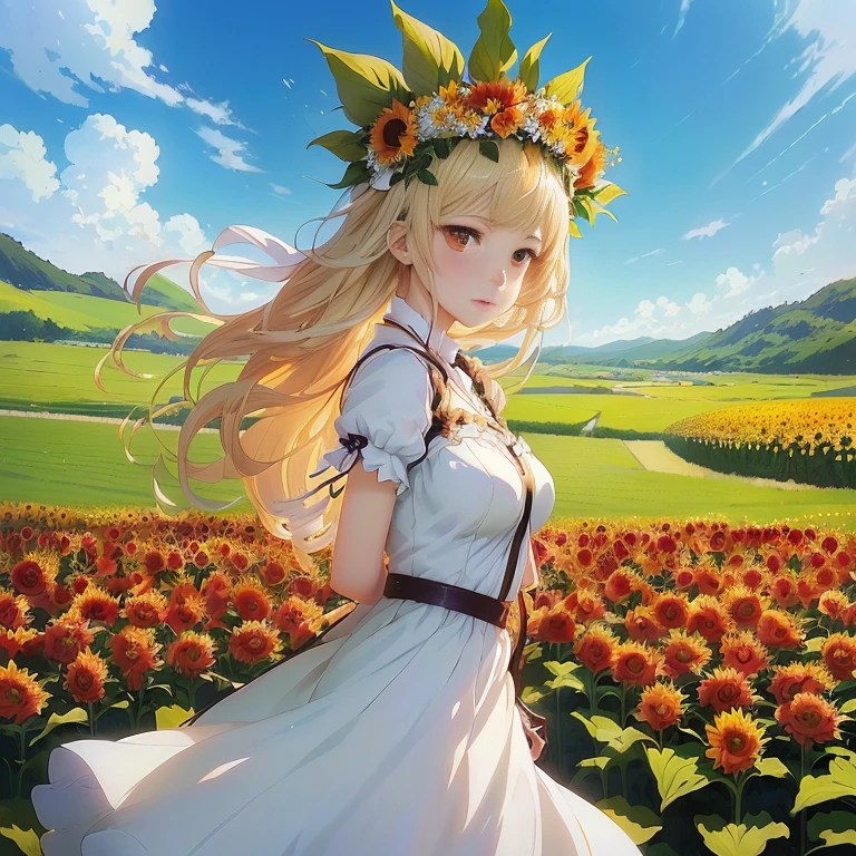 anime girl in white dress standing in a field of flowers, beautiful sunflower anime girl, rin, official artwork, anime goddess, cushart krenz key art feminine, official art, standing in a flower field, flower queen, epic light novel art cover, goddess of summer, anime visual of a cute girl, portrait of ta, smooth anime cg art, official anime artwork