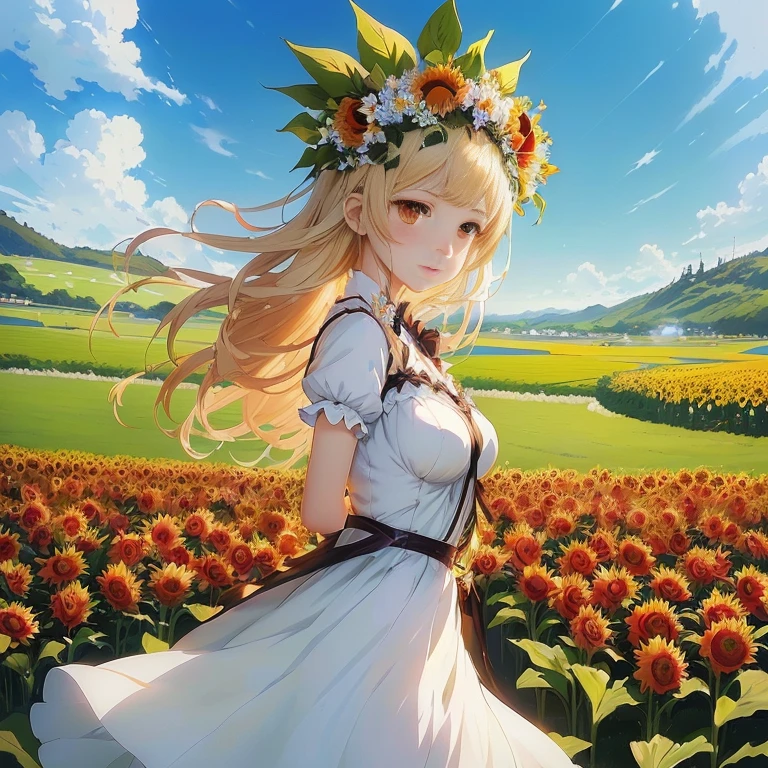 anime girl in white dress standing in a field of flowers, beautiful sunflower anime girl, rin, official artwork, anime goddess, cushart krenz key art feminine, official art, standing in a flower field, flower queen, epic light novel art cover, goddess of summer, anime visual of a cute girl, portrait of lolita, smooth anime cg art, official anime artwork