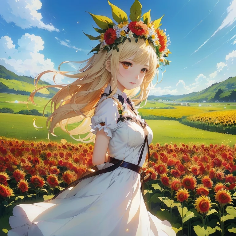 anime girl in white dress standing in a field of flowers, beautiful sunflower anime girl, rin, official artwork, anime goddess, cushart krenz key art feminine, official art, standing in a flower field, flower queen, epic light novel art cover, goddess of summer, anime visual of a cute girl, portrait of ta, smooth anime cg art, official anime artwork