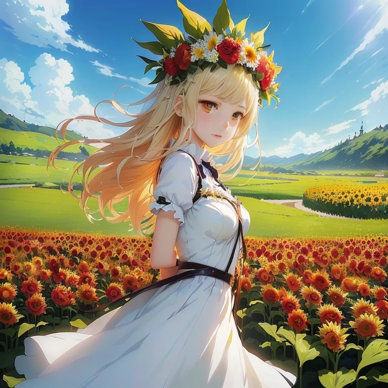 anime girl in white dress standing in a field of flowers, beautiful sunflower anime girl, rin, official artwork, anime goddess, cushart krenz key art feminine, official art, standing in a flower field, flower queen, epic light novel art cover, goddess of summer, anime visual of a cute girl, portrait of ta, smooth anime cg art, official anime artwork