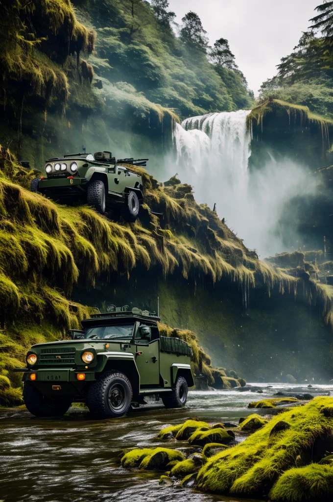 mossy waterfall in background with military car in forground
