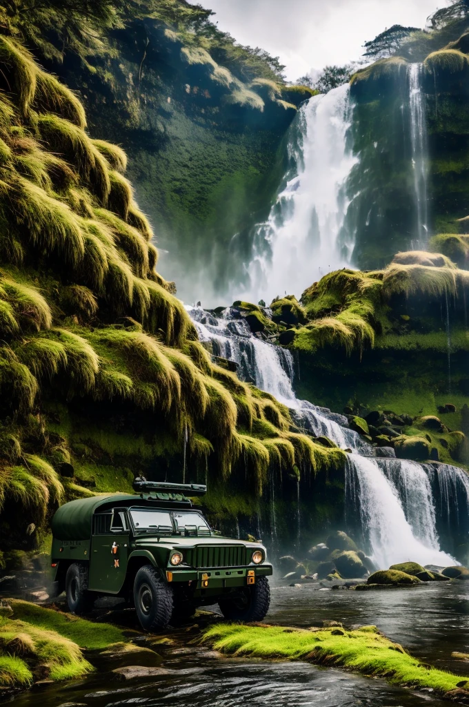 mossy waterfall in background with military car in forground