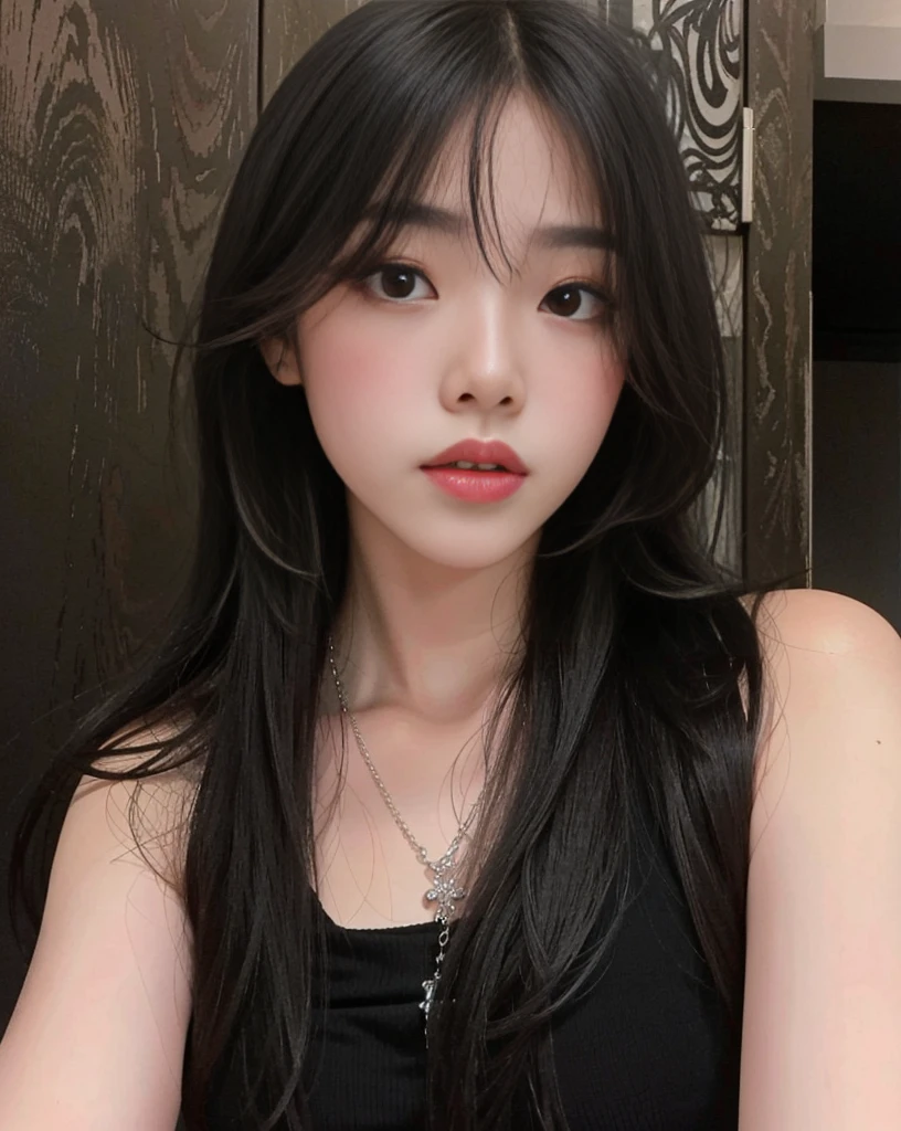 Mulher com longos cabelos pretos e um colar posando para uma foto, Ulzzang, coreana, Jinyoung Shin, jaeyeon nam, linda mulher sul-coreana, heonhwa choe, ela tem cabelo preto com franja, adorable and pale korean face, cruel korean goth girl, young lovely korean face, linda jovem coreana, linda jovem coreana