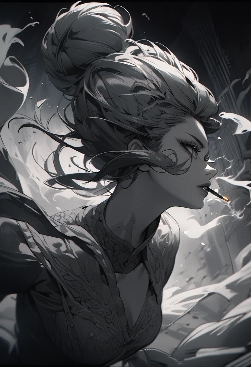 Killua Zoldyk, shoulder-length hair partially tied in a bun, smoking, older, beautiful detailed eyes, beautiful detailed lips, extremely detailed face, long eyelashes, dynamic pose, cinematic lighting, dark moody atmosphere, muted color palette, gritty realistic style, intricate details, 8k, high quality, masterpiece