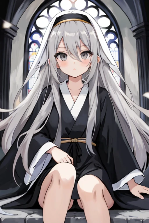 anime girl with long grey hair and grey eyes wearing black church robes