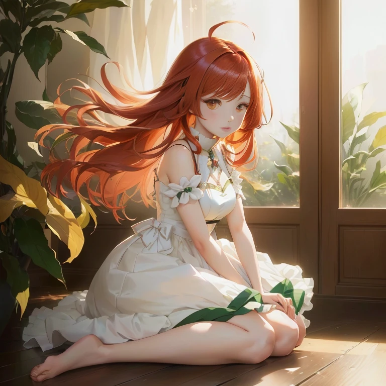 anime girl sitting on the floor with long red hair, anime. soft lighting, painted in anime painter studio, beautiful anime girl, smooth anime cg art, cute anime waifu in a nice dress, beautiful anime, made with anime painter studio, beautiful anime portrait, anime art wallpaper 8 k, rin, anime style 4 k, digital anime art