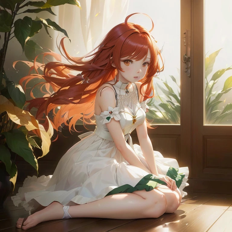 anime girl sitting on the floor with long red hair, anime. soft lighting, painted in anime painter studio, beautiful anime girl, smooth anime cg art, cute anime waifu in a nice dress, beautiful anime, made with anime painter studio, beautiful anime portrait, anime art wallpaper 8 k, rin, anime style 4 k, digital anime art