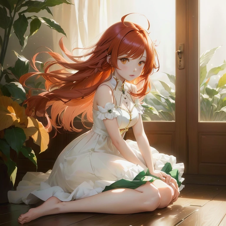 anime girl sitting on the floor with long red hair, anime. soft lighting, painted in anime painter studio, beautiful anime girl, smooth anime cg art, cute anime waifu in a nice dress, beautiful anime, made with anime painter studio, beautiful anime portrait, anime art wallpaper 8 k, rin, anime style 4 k, digital anime art
