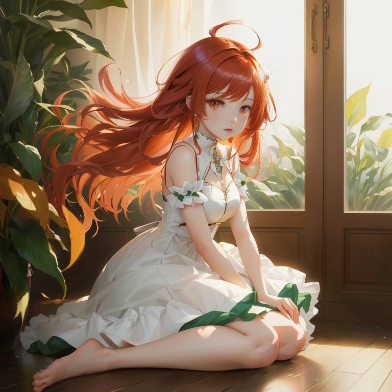 anime girl sitting on the floor with long red hair, anime. soft lighting, painted in anime painter studio, beautiful anime girl, smooth anime cg art, cute anime waifu in a nice dress, beautiful anime, made with anime painter studio, beautiful anime portrait, anime art wallpaper 8 k, rin, anime style 4 k, digital anime art