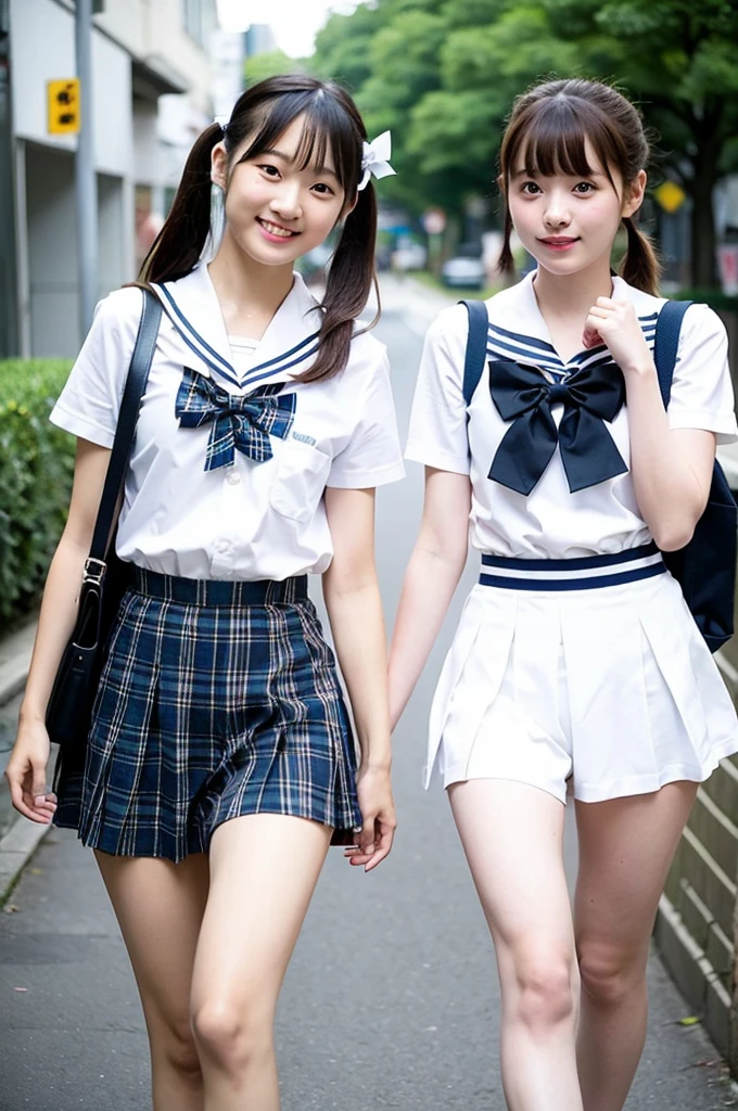2 girls walking in Japanese city,short-sleeved white sailor leotard with plaid bow tie,school bags,18-year-old,bangs,a little smile,large bare thighs,knees,legs apart,short hair with low pigtails,from before,front light
