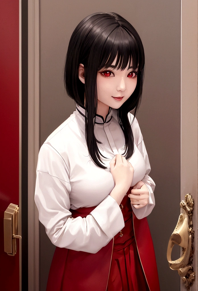 Asian girl with charming smile, long, enveloping black hair that his girlfriend embraces, a very light brunette masculine woman with short hair and red-hot crescent-shaped eyes, dressed in male victorian gothic style. The background is defying reality with great 8K resolution, Superfine details and almost unapproachable charm reminiscent of movie audition photos. La escena se desarrolla cerca de una puerta roja en medio de un paisaje inundado por el sol con una luz