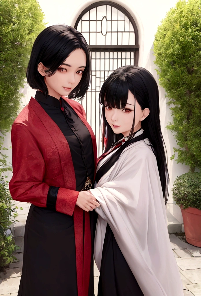Asian girl with charming smile, long, enveloping black hair that his girlfriend embraces, a very light brunette masculine woman with short hair and red-hot crescent-shaped eyes, dressed in male victorian gothic style. The background is defying reality with great 8K resolution, Superfine details and almost unapproachable charm reminiscent of movie audition photos. La escena se desarrolla cerca de una puerta roja en medio de un paisaje inundado por el sol con una luz