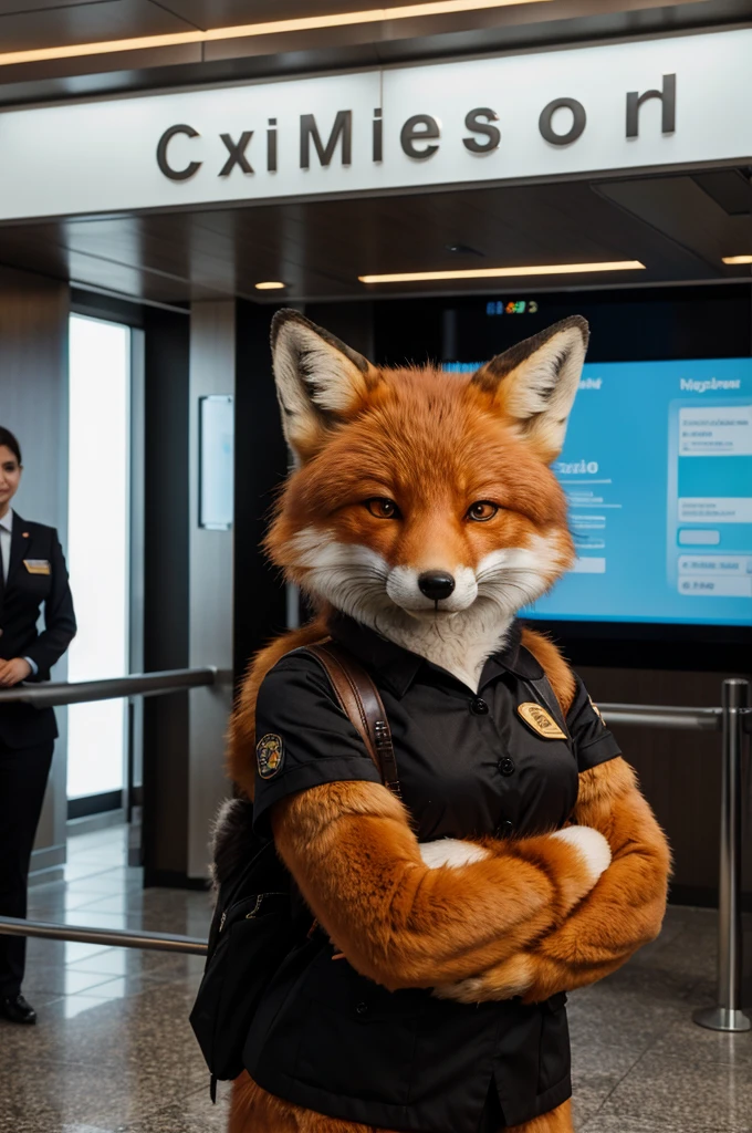 masterpiece, Best quality, furry antropomorph fox dressed in Sheremetievo passenger check-in manager uniform