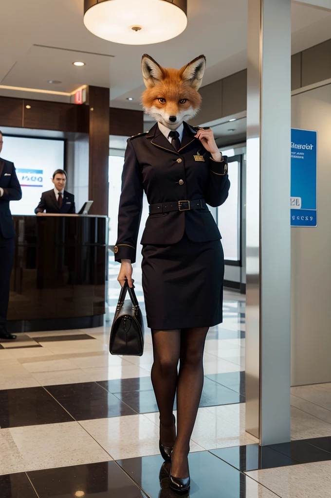 masterpiece, Best quality, furry antropomorph fox dressed in passenger check-in manager uniform