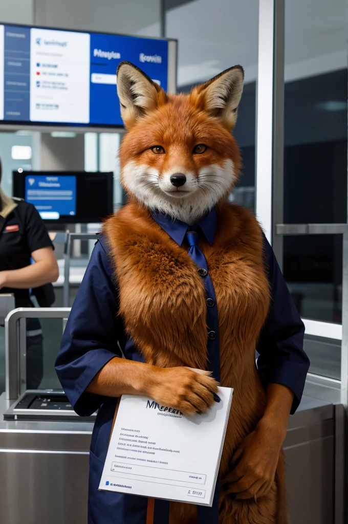 masterpiece, Best quality, furry antropomorph fox dressed in passenger check-in manager uniform