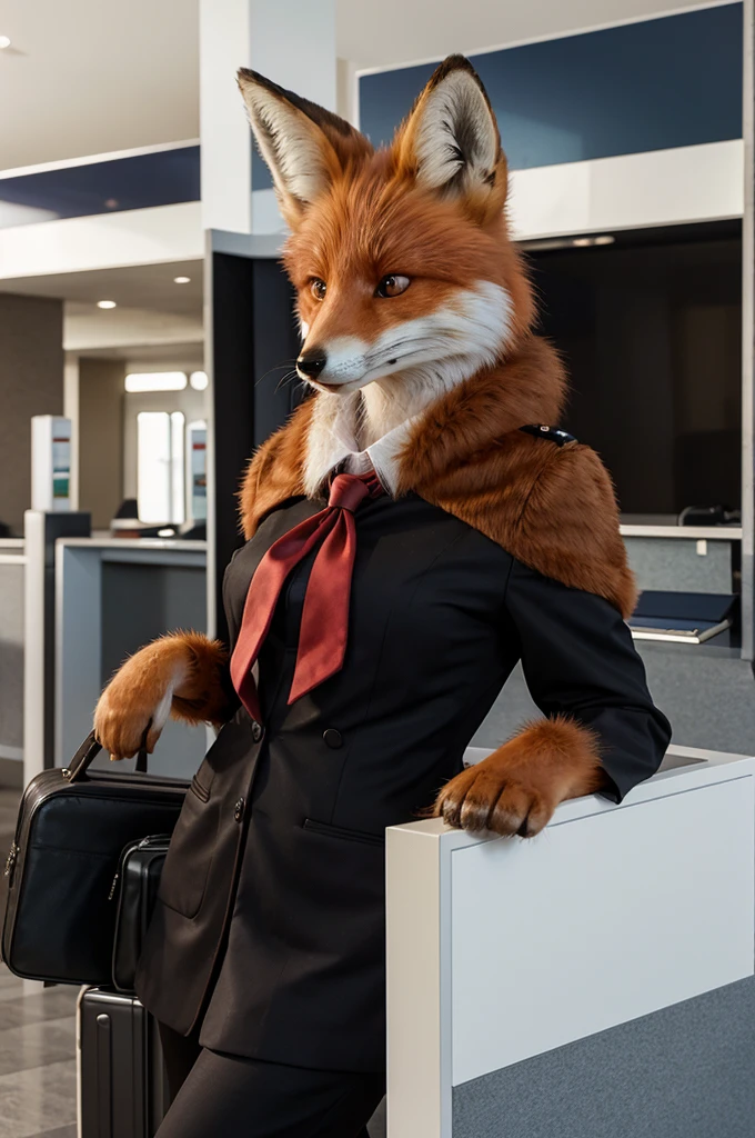 masterpiece, Best quality, furry antropomorph fox dressed in passenger check-in manager uniform