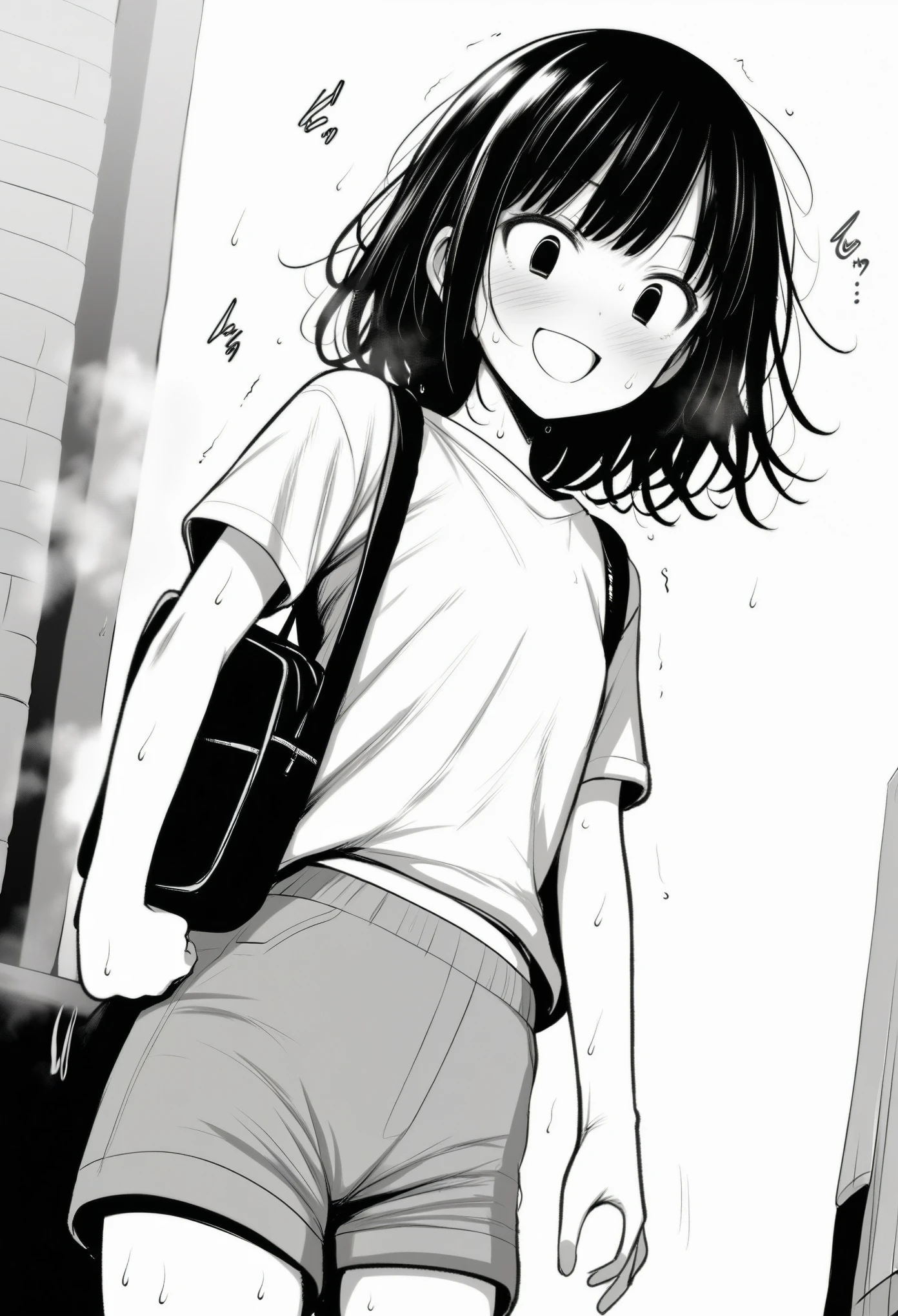 (A work depicting a moment in a manga for adults), (Written by hand), (Line art), (manga-style Line art background), university student, Realistic sized eyes, Droopy eyes, shame, ((orgasm)), (She is carrying a large plastic bag full of groceries.), (Spread your legs, Closed labia majora, Hitting a road traffic cone in order to masturbate, pubic hair), Angle from below, alley,