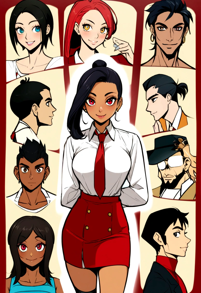 
Chica de pelo suelto de color negro con rojo, piel medio morena, ojos cafes, red skirt and white shirt with red tie hugging and smiling at a black haired boy with a small ponytail and medium dark skin, ojos cafes,pantalon negro con corbata roja,que los dos sean hermanos