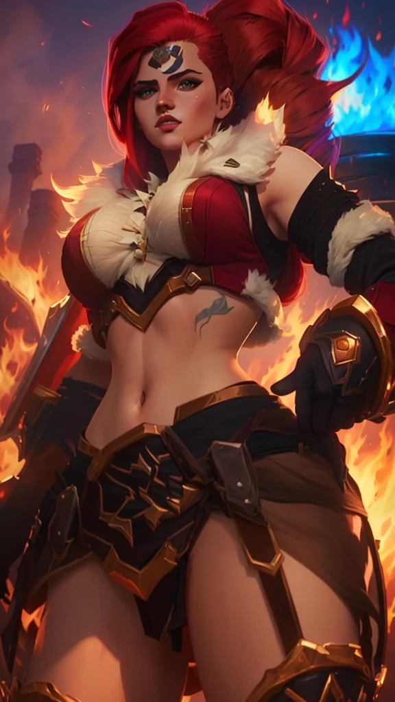 a close up of a woman with a sword and a fire in the background, alexstrasza, extremely detailed artgerm, miss fortune, brigitte from overwatch, katarina, miss fortune league of legends, brigitte, deviantart artstation cgscosiety, inspired by rossdraws, redhead queen in heavy red armor, wlop and rossdraws