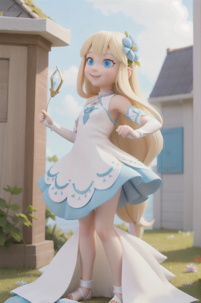 a with long blonde hair and light blue eyes finds herself in an imaginative fantasy world white dress, she is a 6 years, she smiling, the world is fantasy with flowers, raibow, sparkles
