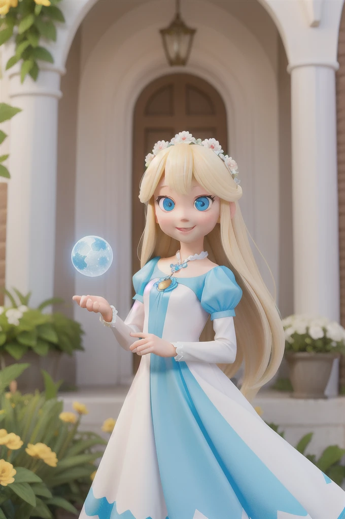 a with long blonde hair and light blue eyes finds herself in an imaginative fantasy world white dress, she is a 6 , she smiling, the world is fantasy with flowers, raibow, sparkles