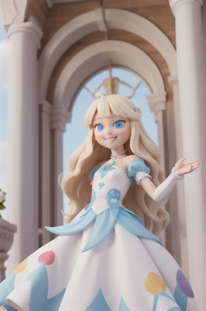 a with long blonde hair and light blue eyes finds herself in an imaginative fantasy world white dress, she is a 6 , she smiling, the world is fantasy with flowers, raibow, sparkles