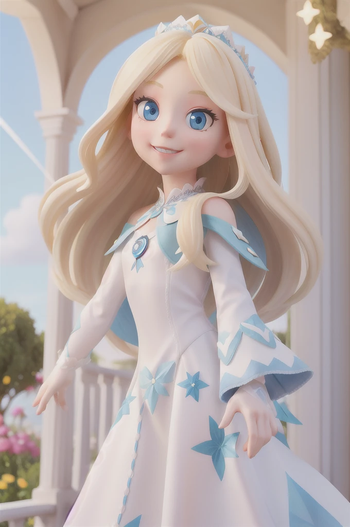 a with long blonde hair and light blue eyes finds herself in an imaginative fantasy world white dress, she is a 6 years, she smiling, the world is fantasy with flowers, raibow, sparkles