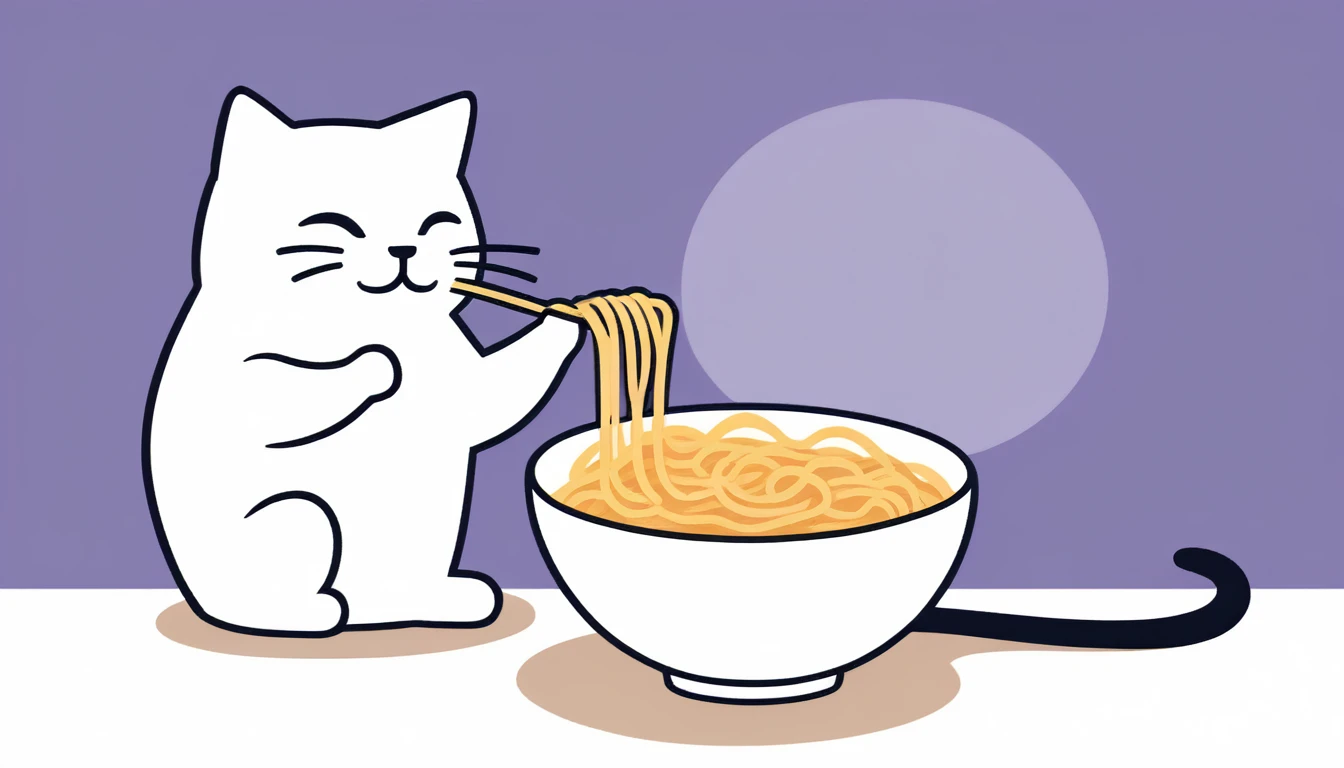 Cat eating instant noodles, manga comics style illustration, oversimplified