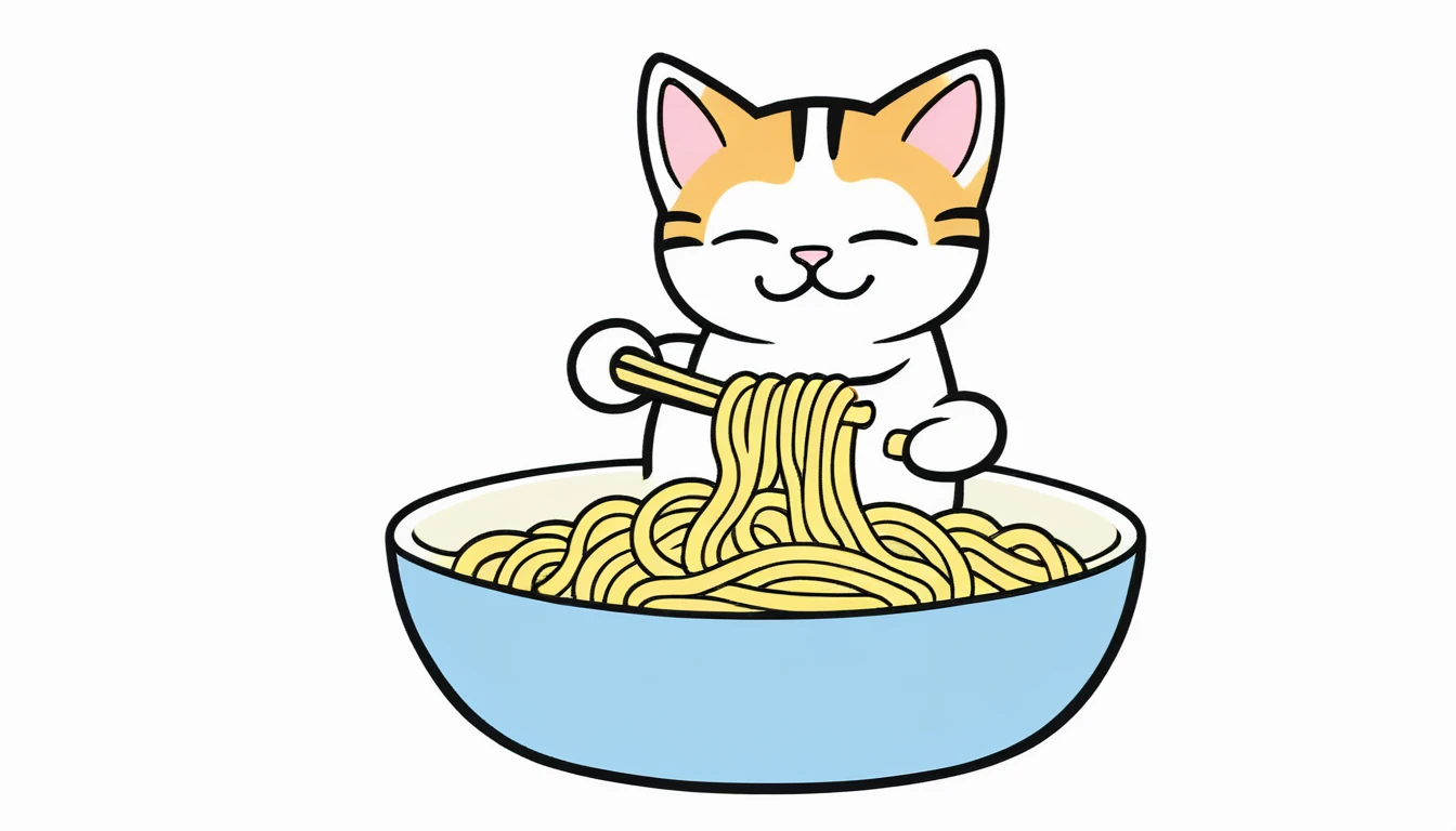 Cat eating instant noodles, manga comics style illustration, oversimplified