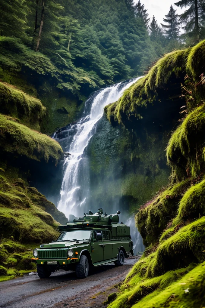 mossy waterfall in background with military car in foreground conifer forest