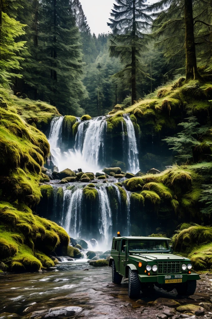 mossy waterfall in background with military car in foreground conifer forest 