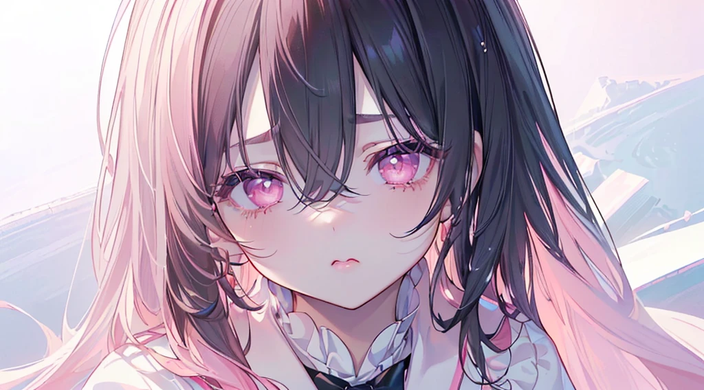 far,(((Highest quality、masterpiece、Ultra-fine、Ultra-fine、Exquisite、16k、Full HD,high school girl,))) 、((Looking up), (((Looking up)) 、Black Hair,((Sad), ,Dark Eyes、Long eyelashes、White skin、(Pale pink lips、Pale pink cheeks、thin and long)、 ((cute)) ((One person)) 、Glare