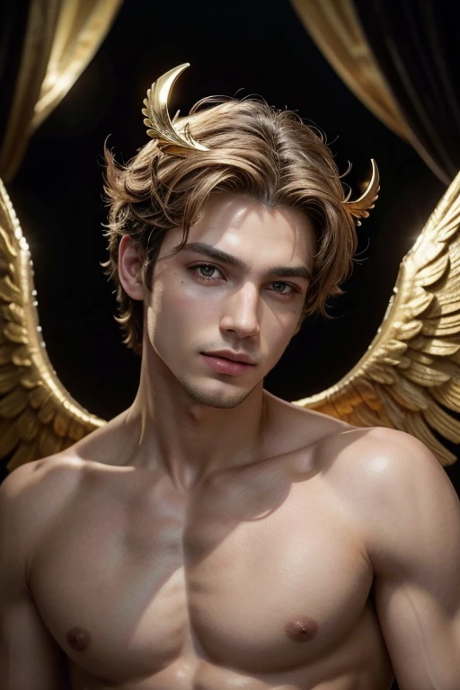 Homem romano realista beleza masculina nariz fino labios carnudos queixo qyadrado diamante. With angel wings on golden heads