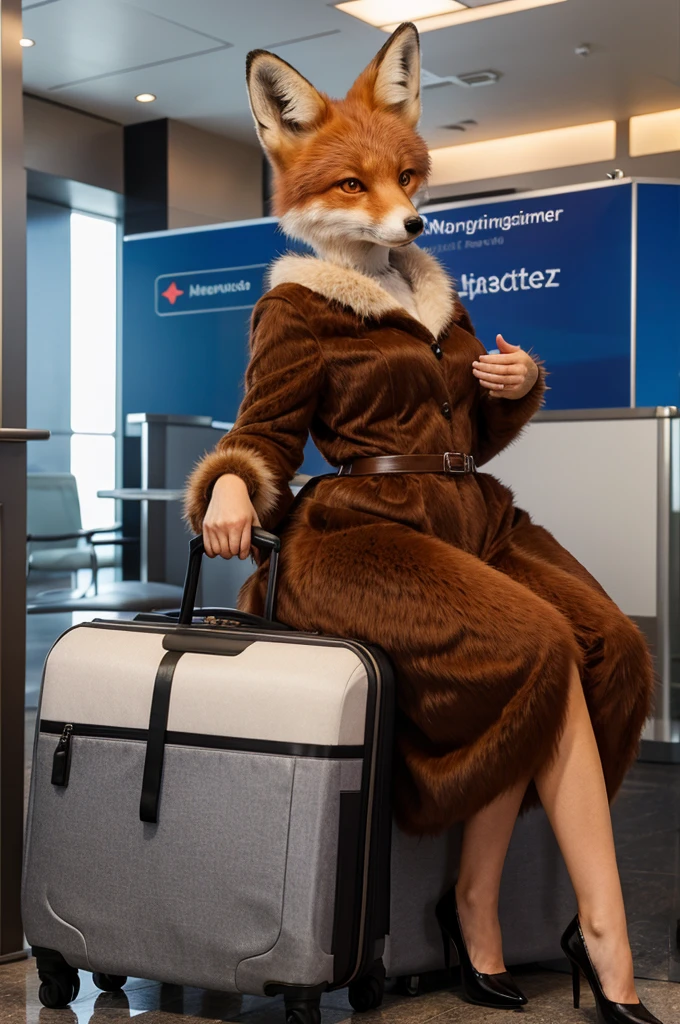 masterpiece, Best quality, furry antropomorph fox dressed in passenger check-in manager dress