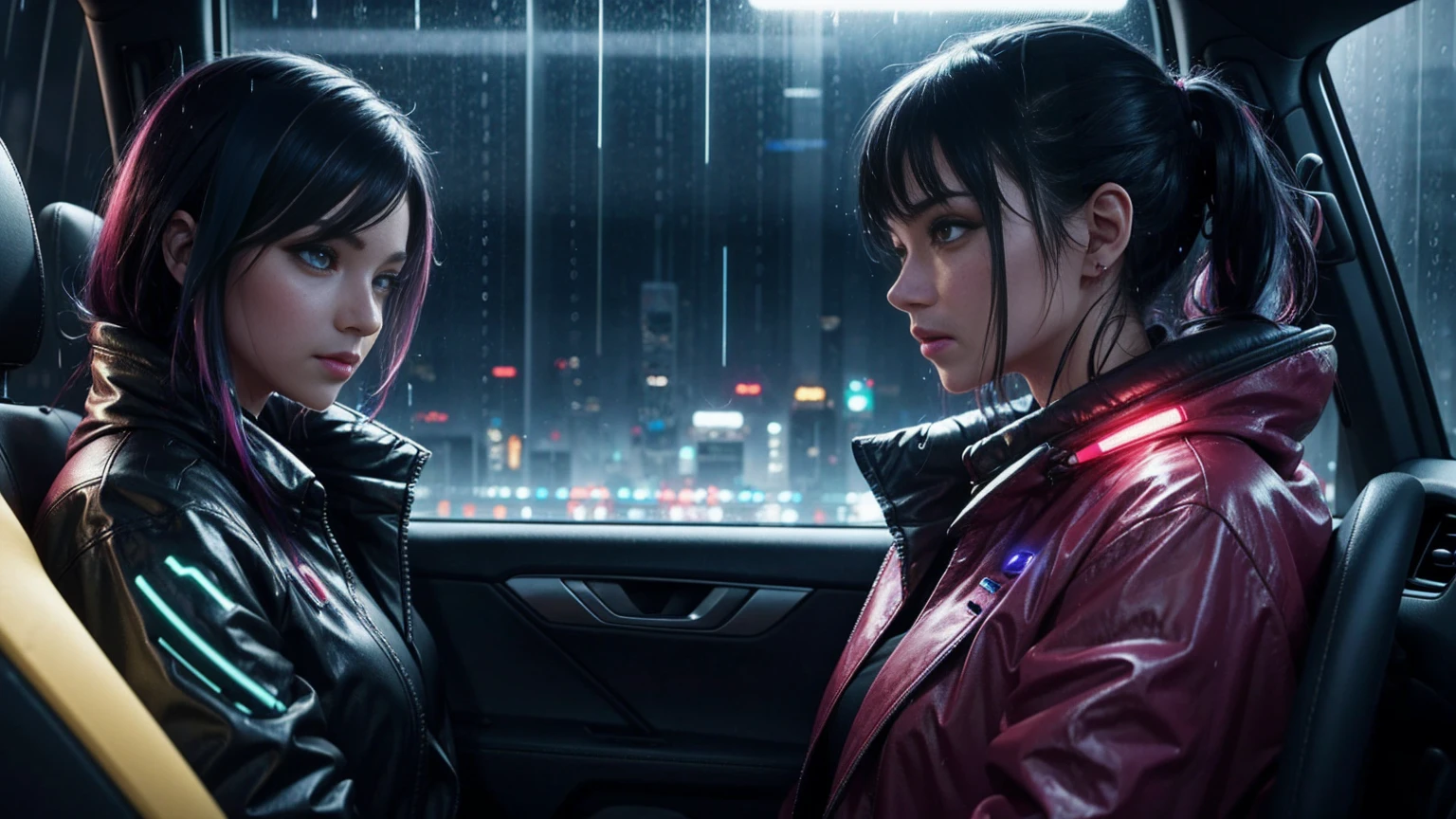 at night, cozy lighting, vibrant colors, cyberpunk girl, driving a car, car interior, windows with rain drops