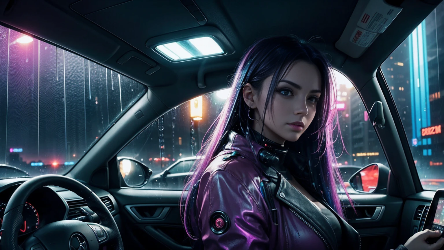 at night, cozy lighting, vibrant colors, cyberpunk girl, driving a car, car interior, windows with rain drops