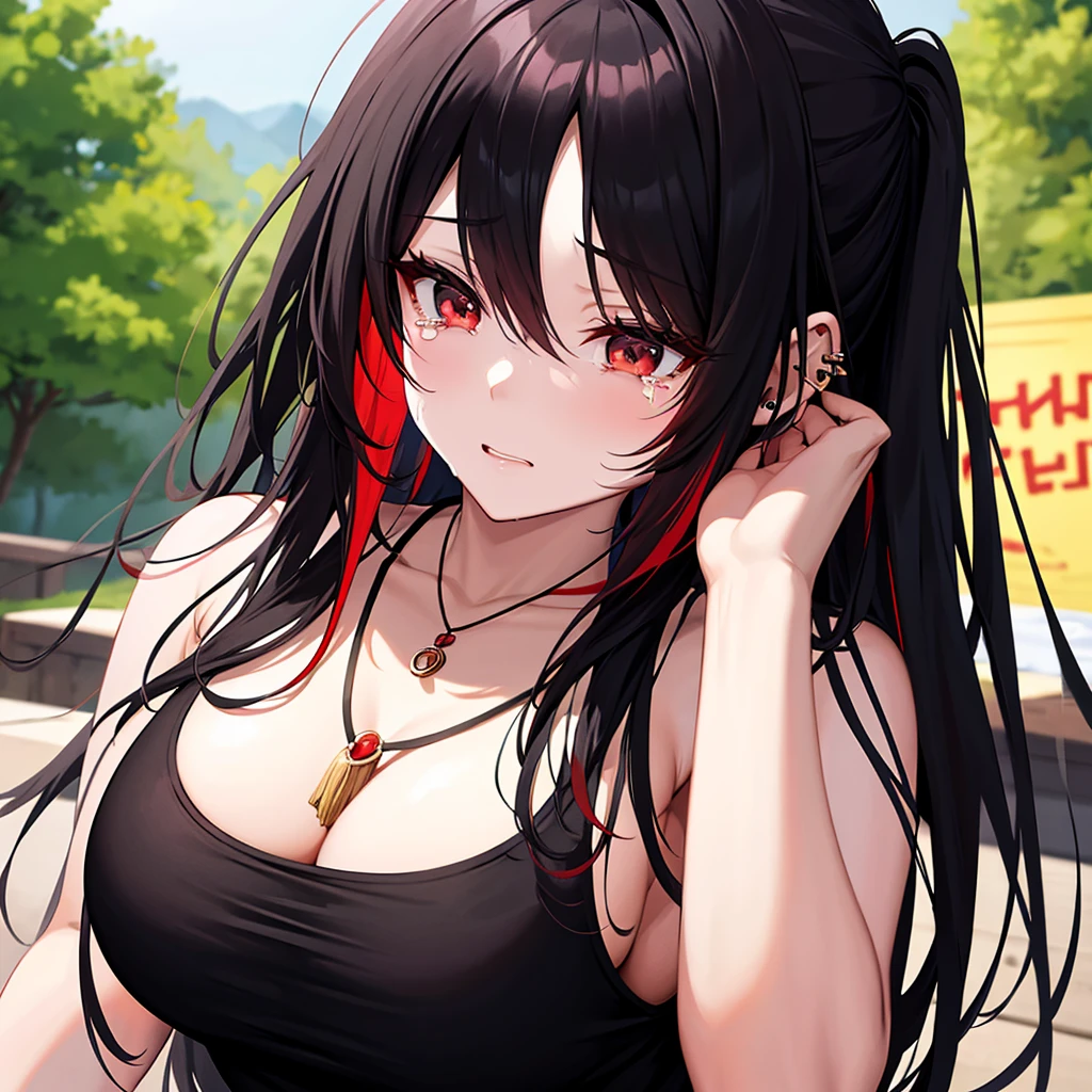 anime panel, woman, Korean, long black curly hair with red highlights, red, slanted eyes, casual clothes, black tank top, ear piercing, necklace, hair illuminated by sunlight, park background, sad expression, crying