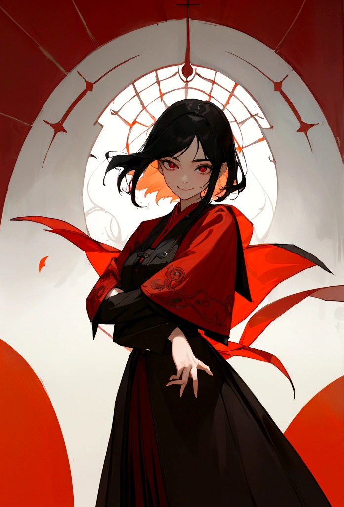 Asian girl with charming smile, long, enveloping black hair that his girlfriend embraces, a very light brunette masculine woman with short hair and red-hot crescent-shaped eyes, dressed in male victorian gothic style. The background is defying reality with great 8K resolution, Superfine details and almost unapproachable charm reminiscent of movie audition photos. La escena se desarrolla cerca de una puerta roja en medio de un paisaje inundado por el sol con una luz