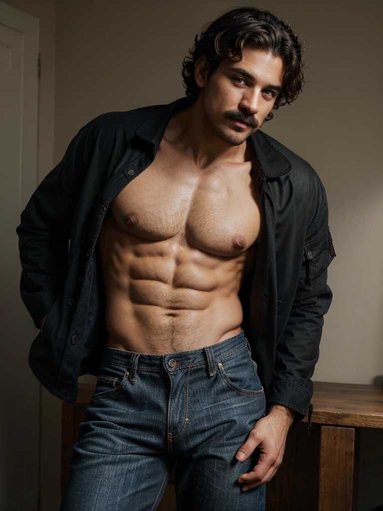 Handsome man , light mustache, hot muscular body , medium curly hair , phone selfie, best quality like its taken by iPhone 12 , wearing black baggy jeans and black jacket