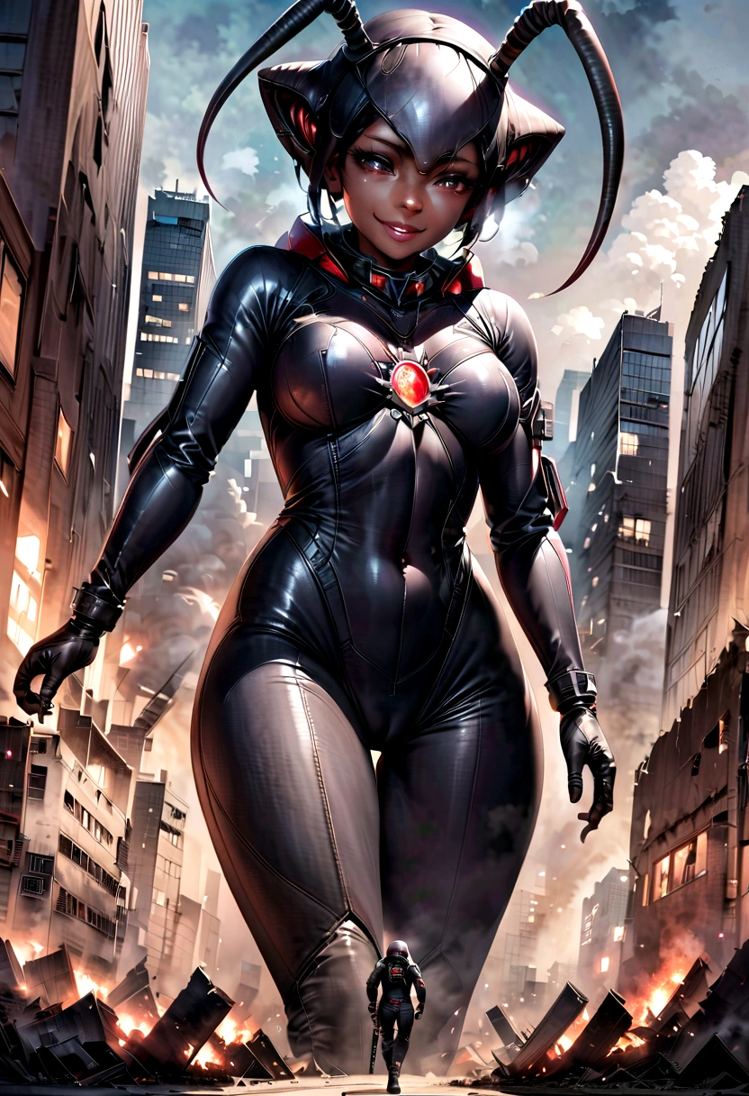 Aerial image、Vision、whole body、female、Big Breastake women bigger、Giantess、giantess、Realistic、Cute face、Walking giant alien woman、masterpiece、Highest quality、Very detailed、Giant black skinned woman、Giant Space Alien、Giant Alien、Head with antennae、smile、A small town destroyed by a giant alien、Aliens invading the city、Smoke-filled city、rubble、Gloomy Weather、Scary atmosphere、Rubber Suit、Alien Suit、Real Anime、Real Animeスタイル、whole body図、Portrait、Walking towards here、The fugitive々、Anatomically correct、