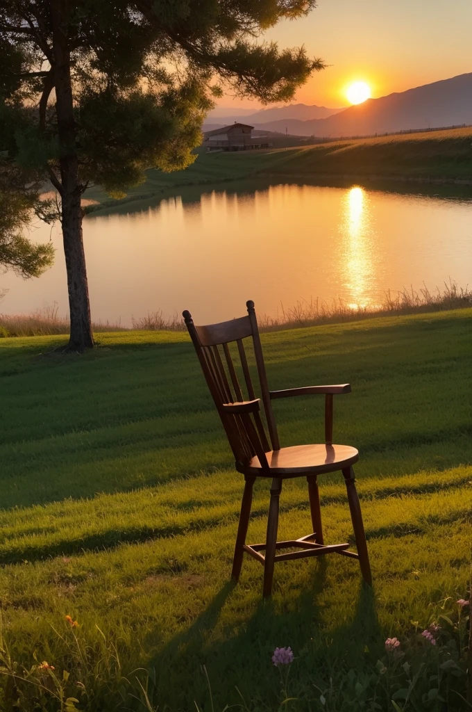 A wooden chair with a bow hat on the chair, no meio de um campo de trigo, por do sol, cores alaranjadas, Best illustration,