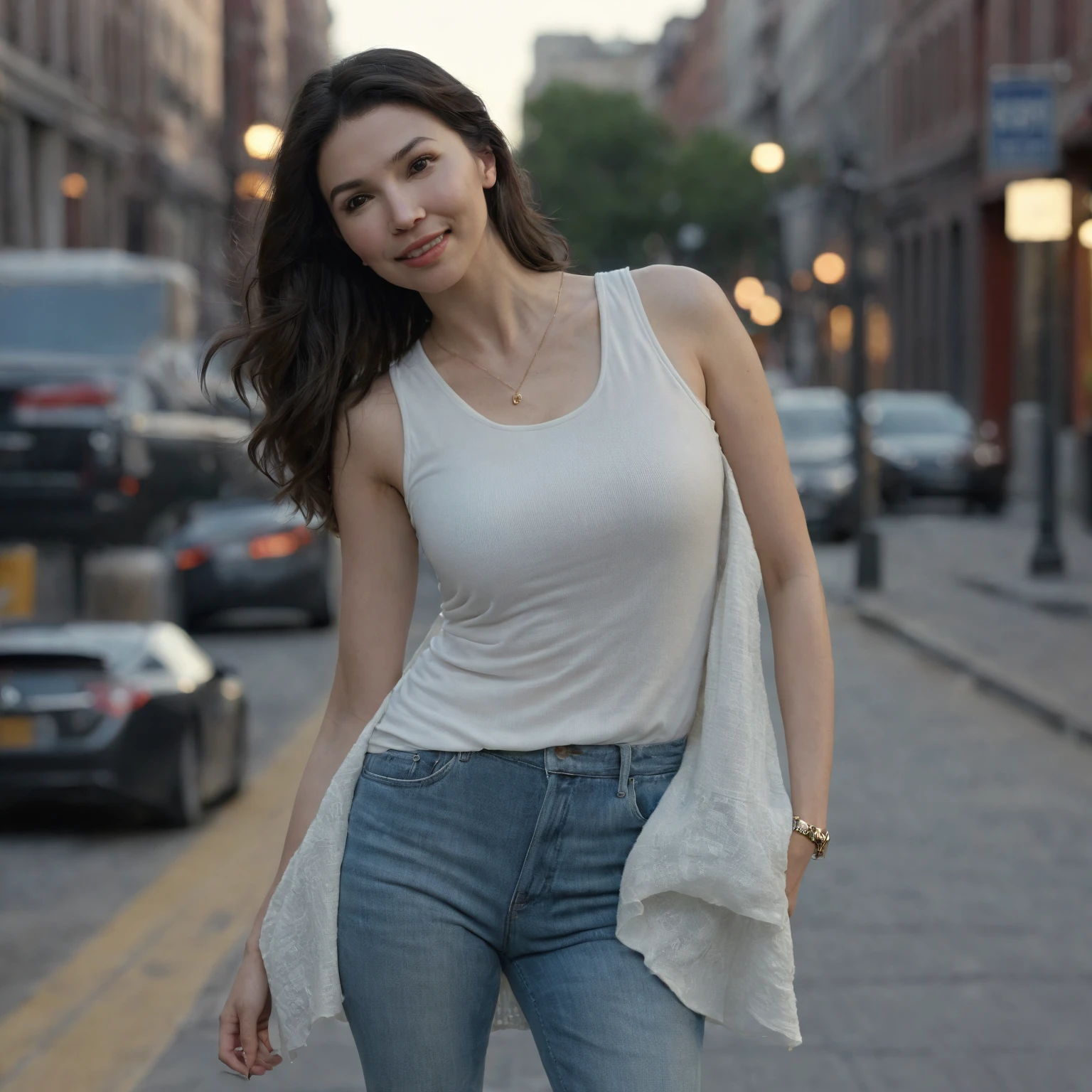 (Grace Caroline Currey) ,Grace Fulton, Grace Currey, a woman with brown ,she stands outside in a city, high quality refelctions, volumetric lighting, she is wearing a white tanktop that is tugged into her jeans, 1 girl solo, cinematic lighting, high resolution, physically-based rendering, 8k, volumetric lighting, hyperrealistic, detailed facial features, masterpiece, full upper body, city in the background, you can see the fabric of the clothes and the knits very detailed, the focus is on her whole body and the environment, cinematic screenshot, you can see the (whole environment) and her standing on the street, the picture has a very soft look at soft textures, cute smile, her arms are on her side, nsfw