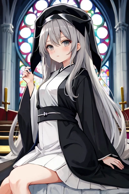 anime girl with long grey hair and grey eyes wearing black church robes