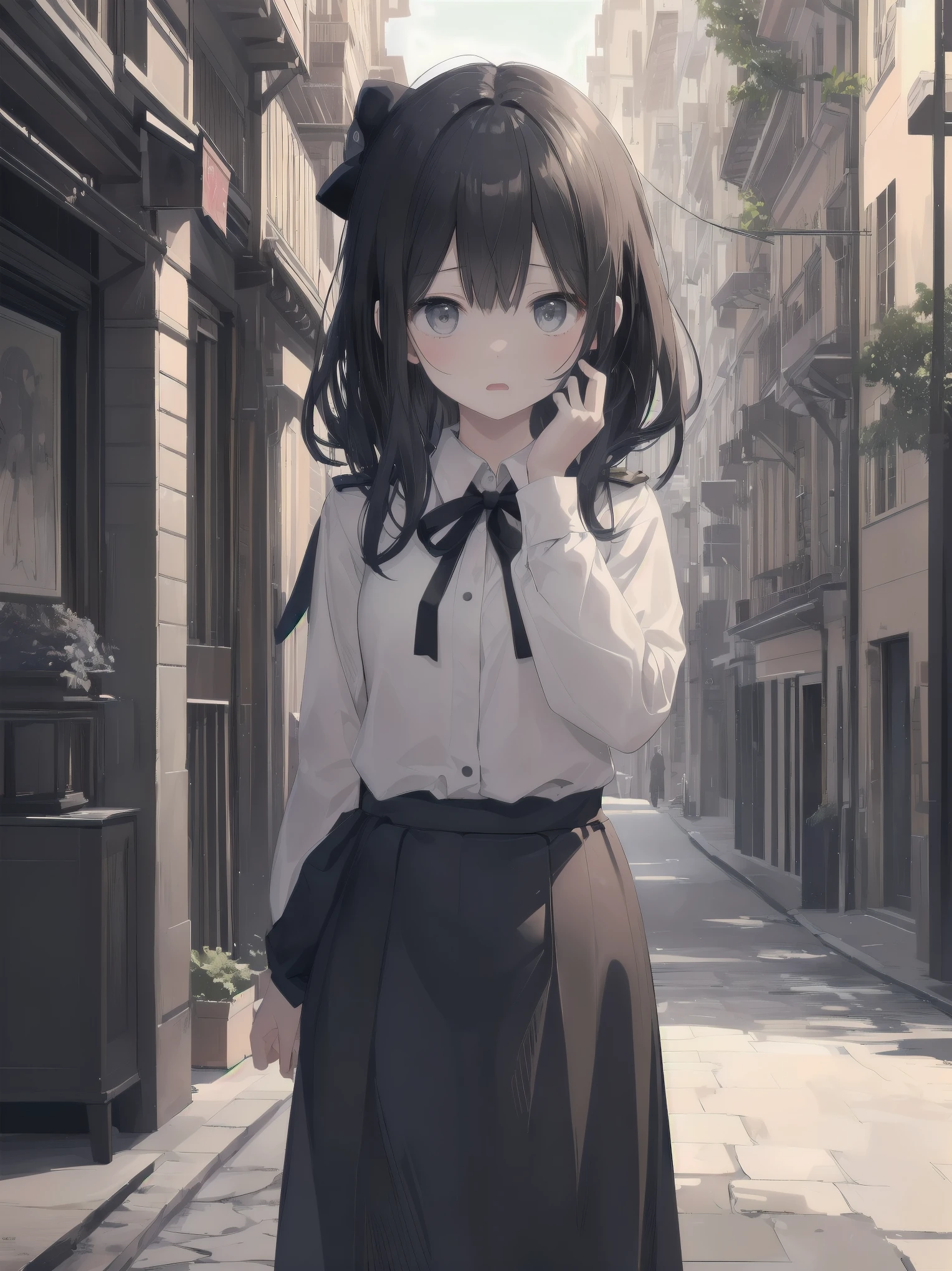 Masterpiece, high quality, high resolution, perfect face, realistic skin texture, young girl, alone, solo, lolita, chibi, marquise daughter, daughter fashion, feminine fashion, focused gaze, bangs, skirt, long sleeves, uniform, full body, black pantyhose, outdoor, shoes, seraphook, bangs, blurred, stylish skirt, Black pantyhose, hair in a bun, unusual nostalgic view of the world, fine cobblestones, distant background, artistic shading, best illustration of a beautiful woman, resting head, girl making a mocking gesture, movie scene, expressive actor