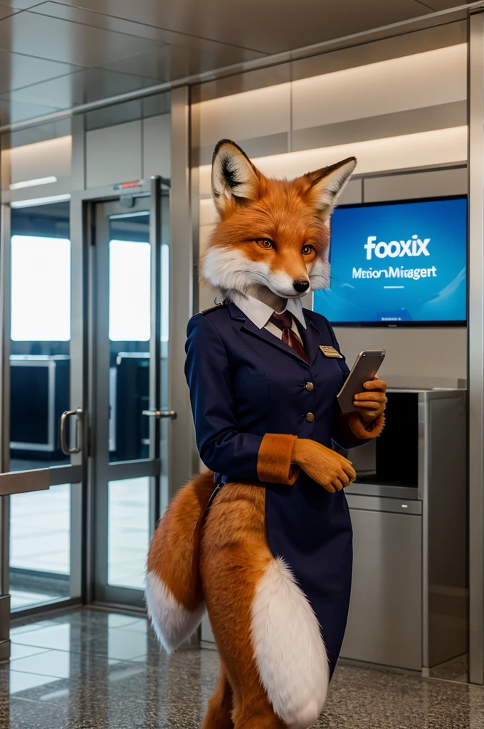 masterpiece, Best quality, furry antropomorph fox dressed in passenger check-in manager uniform
