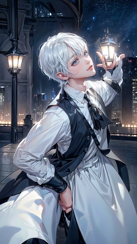 ((4K works))、masterpiece、(top-quality)、One beautiful boy、Slim body、tall、((Black Y-shirt and white pants、Charming British knight style))、Please wear one jacket、(Detailed beautiful eyes)、Fantastic Night City、((City under the stars))、Fantastic city at midnight、((Face similar to Carly Rae Jepsen))、((Short-haired white hair))、((Smaller face))、((Neutral face))、((Bright blue eyes))、((American adult male))、((Adult male 26 years old))、((Cool Men))、((Like a celebrity))、((Crying expression))、((sad look))、((Korean Makeup))、((elongated and sharp eyes))、((Happy dating))、((boyish))、((Upper body photography))、Professional Photos、((Shot alone))、((She is looking up at the sky under the roof))、((Shot from the side))、((Crying profile))、((Face crying in pain))、((He is looking upwards))、((His eyes are looking down))、((He stands next to the viewer))、((He who cries))、I'm crying on a stick.、Man crying while standing、Solitude、saddened、desolate、suffocating、heartbreaking、auw、Tears dripping on the cheeks