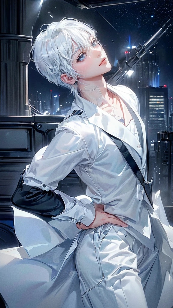 ((4K works))、​masterpiece、(top-quality)、One beautiful boy、Slim body、tall、((Black Y-shirt and white pants、Charming British knight style))、Please wear one jacket、(Detailed beautiful eyes)、Fantastic Night City、((City under the stars))、Fantastic city at midnight、((Face similar to Carly Rae Jepsen))、((Short-haired white hair))、((Smaller face))、((Neutral face))、((Bright blue eyes))、((American adult male))、((Adult male 26 years old))、((Cool Men))、((Like a celebrity))、((Crying expression))、((sad look))、((Korean Makeup))、((elongated and sharp eyes))、((Happy dating))、((boyish))、((Upper body photography))、Professional Photos、((Shot alone))、((She is looking up at the sky under the roof))、((Shot from the side))、((Crying profile))、((Face crying in pain))、((He is looking upwards))、((His eyes are looking down))、((He stands next to the viewer))、((He who cries))、I'm crying on a stick.、Man crying while standing、Solitude、saddened、desolate、suffocating、heartbreaking、auw、Tears dripping on the cheeks