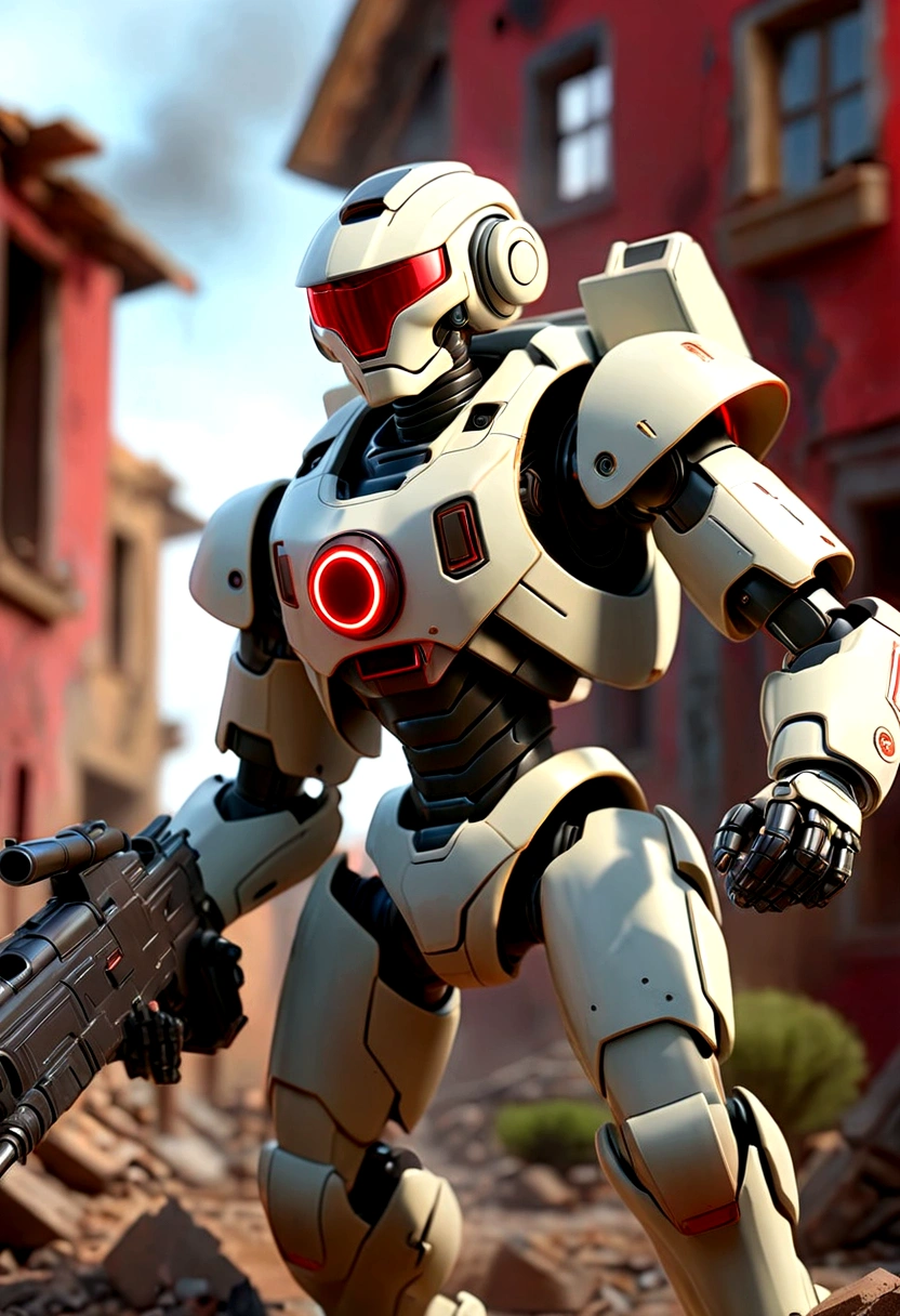 A robotic soldier is moving trough a ruined town, firing at will, relentless,red energy aura, he's armed with a laser rifle and he's firing at the enemy, deadly ,highly detailed, 4k resolution, masterpiece, 3d modelling, battlefield scenario,digital art, Caza art, 1980s
