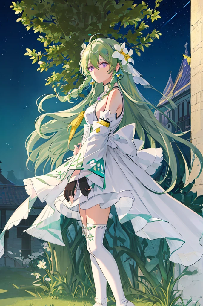 (Masterpiece, Best Quality: 1.4), white Background, Long Hair, Jewelry, Earrings, Necklace, Bride, ((green Hair)), Halo, (Overlook), Dynamic Angle, Ultra Detailed, Illustration, Close Up, Direct Look, 1girl, (Fantasy: 1.4), (Purple Eyes: 1.233), Her Eyes Shine Like Dreamy Stars, (Glow Eyes: 1.233), (Beautiful and Delicate Eyes: 1.1), (green Hair: 1.4), (Messy Hair, Very Long Hair, French braids, hair between the eyes, side hair), (+(white hair flower: 1.14)), (chiffon dress, uniform white flower pattern)/= (military uniform: 1.24), (fingerless gloves), choker, (miko thighhighs), high heeled boots, (expressionless, shut up), (standing), (white flowers, blooming),(Ruins),(Night:1.2),dreamy,Soul,(fluorescent),(Flying Translucent Blue Butterfly:1.15),[Delicate Fingers and Hands:0.55]::0.85], (Finger Detail), (Yubao:0.5),((town background)),((full body)),((turquoise hair)),green hair,((green hair)),night,